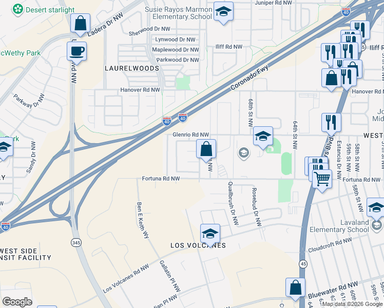map of restaurants, bars, coffee shops, grocery stores, and more near 7320 Thunderbird Court Northwest in Albuquerque