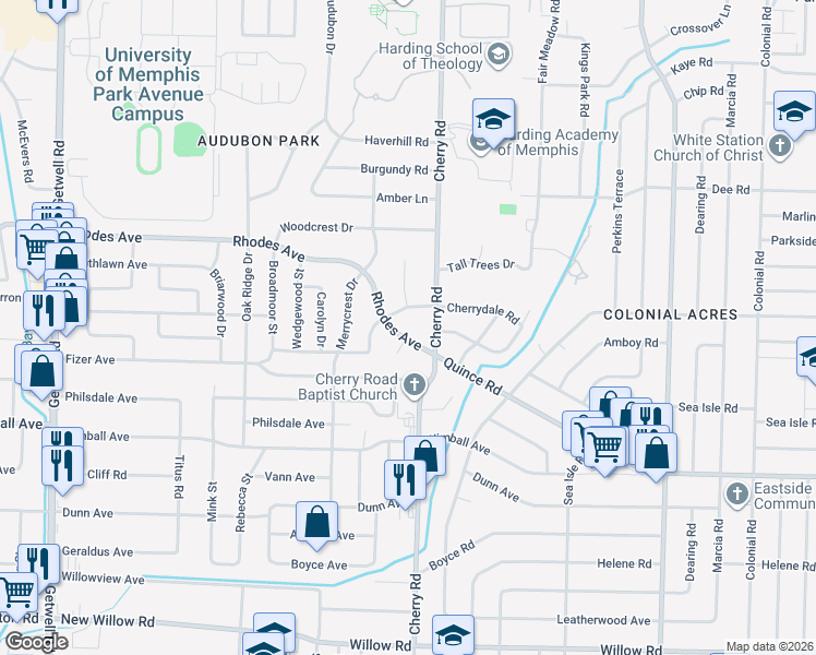 map of restaurants, bars, coffee shops, grocery stores, and more near 4335 Rhodes Avenue in Memphis