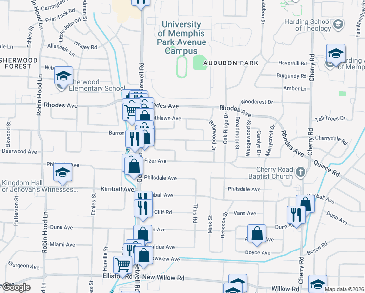 map of restaurants, bars, coffee shops, grocery stores, and more near 4083 Meadow Drive in Memphis