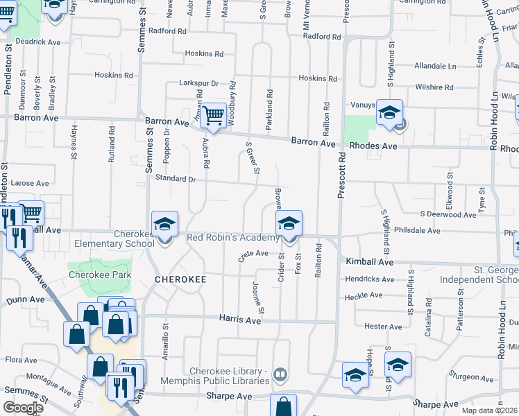 map of restaurants, bars, coffee shops, grocery stores, and more near 1326 South Greer Street in Memphis