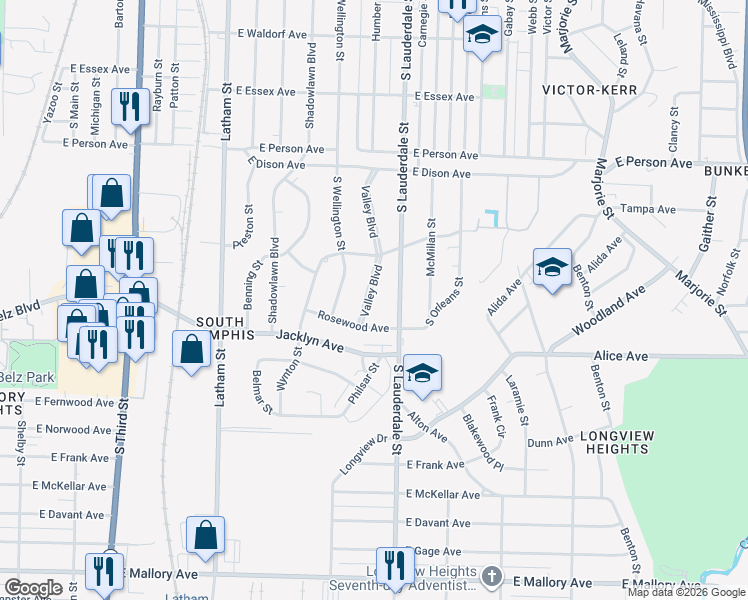map of restaurants, bars, coffee shops, grocery stores, and more near 536 Rosewood Avenue in Memphis
