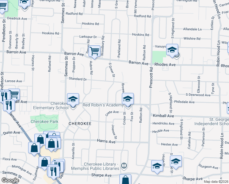 map of restaurants, bars, coffee shops, grocery stores, and more near 1326 South Greer Street in Memphis