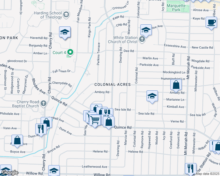 map of restaurants, bars, coffee shops, grocery stores, and more near 1329 South Perkins Road in Memphis