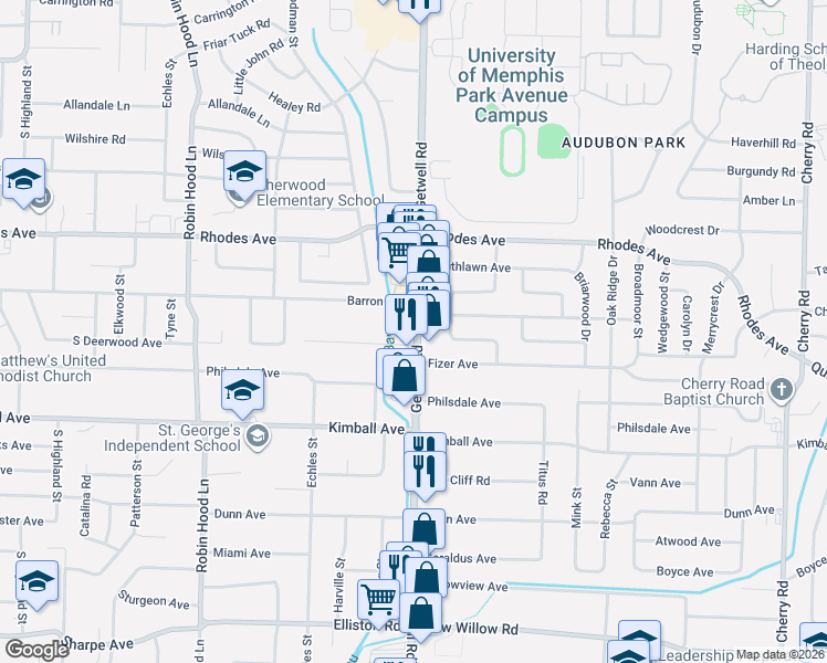 map of restaurants, bars, coffee shops, grocery stores, and more near 1323 Getwell Road in Memphis