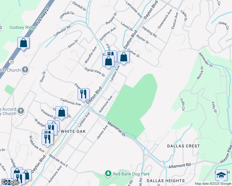 map of restaurants, bars, coffee shops, grocery stores, and more near 2426 Ashmore Avenue in Chattanooga
