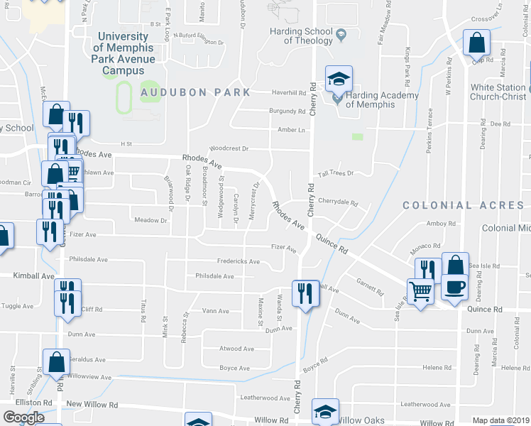 map of restaurants, bars, coffee shops, grocery stores, and more near 4312 Cherrydale Road in Memphis