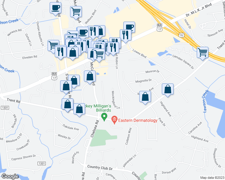 map of restaurants, bars, coffee shops, grocery stores, and more near 1420 Mockingbird Lane in New Bern