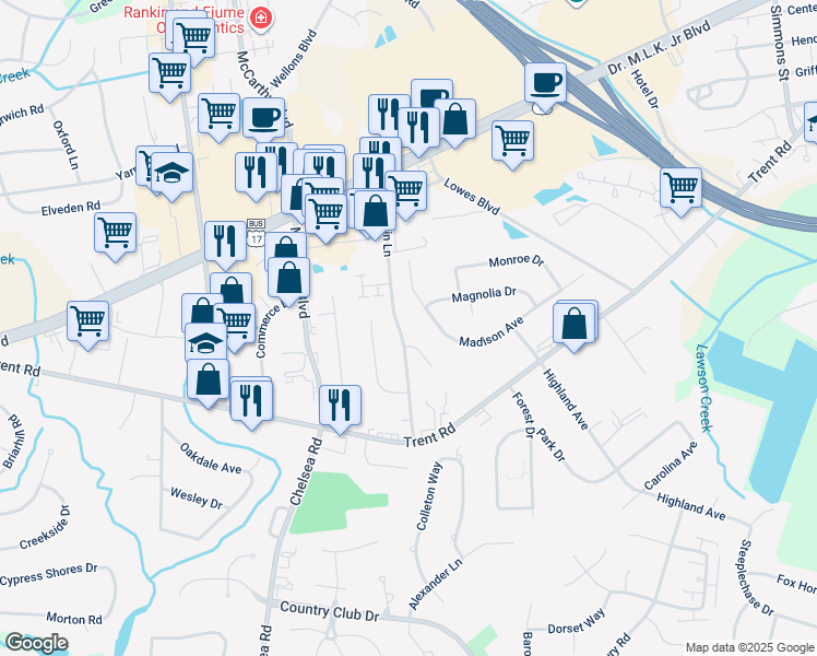map of restaurants, bars, coffee shops, grocery stores, and more near 1414 Red Robin Lane in New Bern
