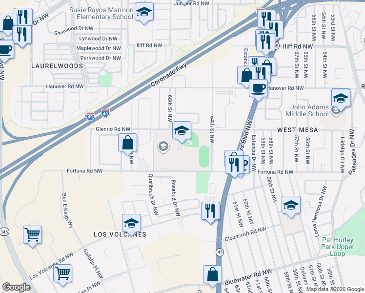 map of restaurants, bars, coffee shops, grocery stores, and more near 6701 Fortuna Road Northwest in Albuquerque