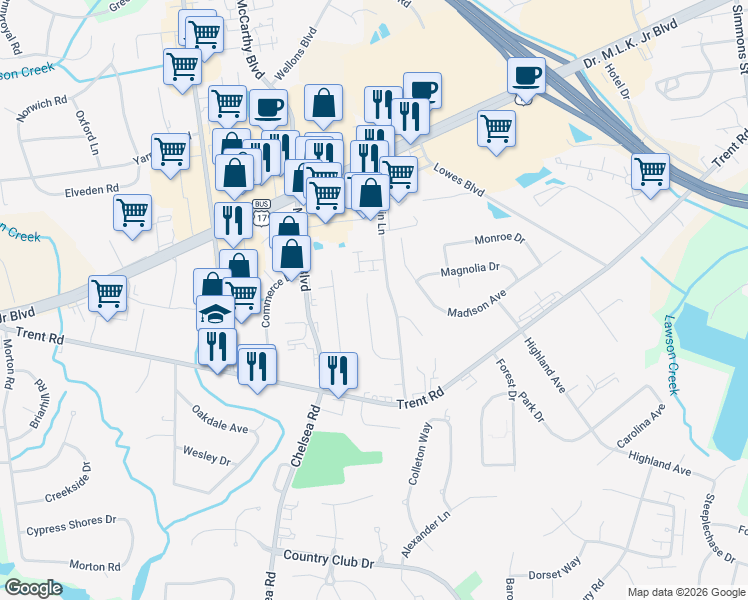 map of restaurants, bars, coffee shops, grocery stores, and more near in New Bern