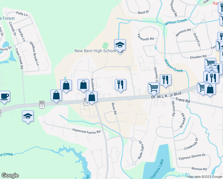 map of restaurants, bars, coffee shops, grocery stores, and more near 3966 Doctor Martin Luther King Junior Boulevard in New Bern