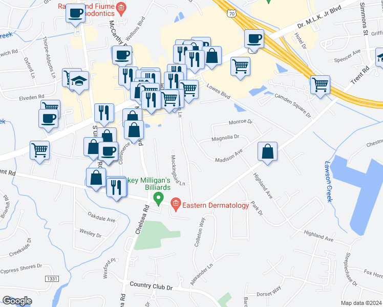 map of restaurants, bars, coffee shops, grocery stores, and more near 1414 Red Robin Lane in New Bern