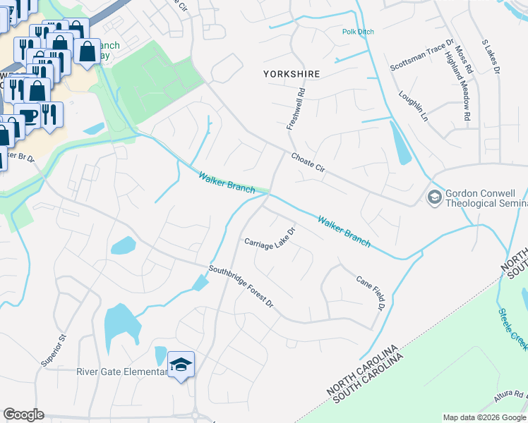 map of restaurants, bars, coffee shops, grocery stores, and more near 14621 Smith Road in Charlotte