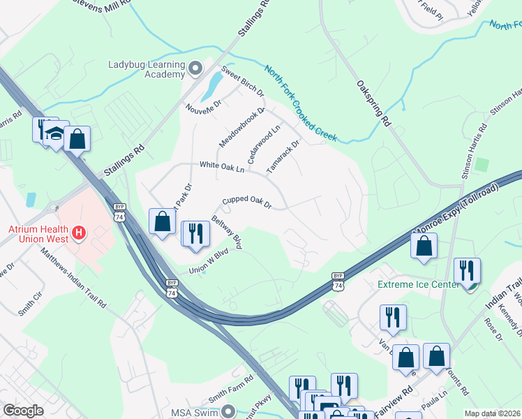 map of restaurants, bars, coffee shops, grocery stores, and more near 160 Cupped Oak Drive in Stallings