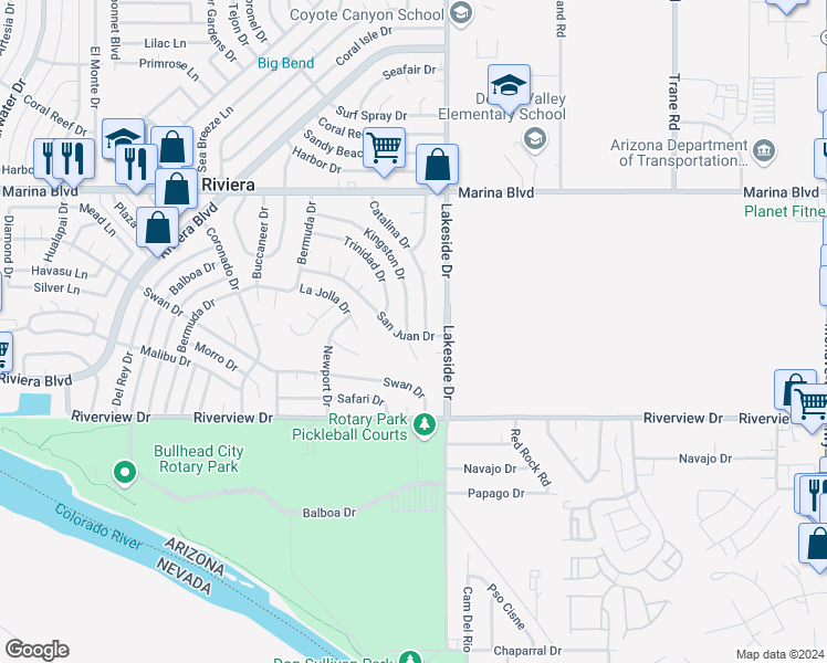 map of restaurants, bars, coffee shops, grocery stores, and more near 2158 Kingston Drive in Bullhead City
