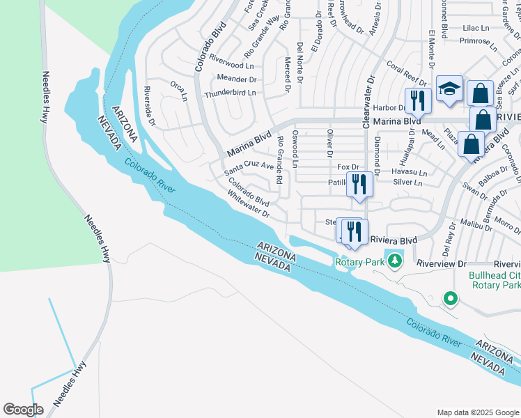 map of restaurants, bars, coffee shops, grocery stores, and more near 2135 Whitewater Drive in Bullhead City