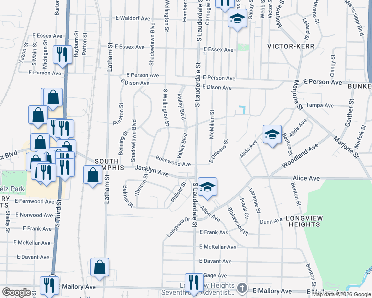map of restaurants, bars, coffee shops, grocery stores, and more near 536 Rosewood Avenue in Memphis