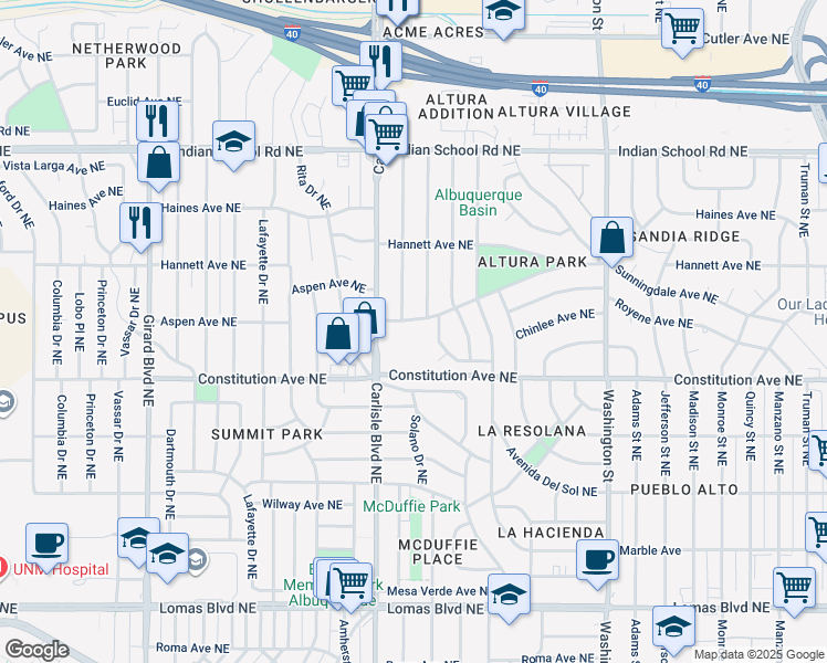 map of restaurants, bars, coffee shops, grocery stores, and more near 3701 Constitution Avenue Northeast in Albuquerque