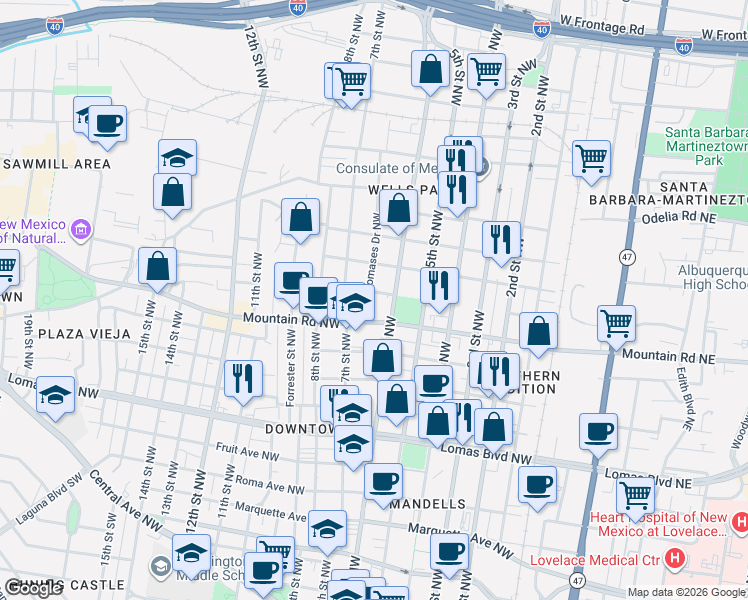 map of restaurants, bars, coffee shops, grocery stores, and more near 615 Mountain Road Northwest in Albuquerque
