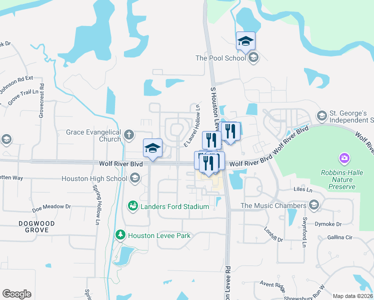 map of restaurants, bars, coffee shops, grocery stores, and more near 9882 Wolf River Boulevard in Germantown