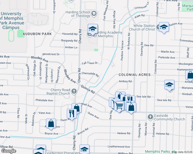 map of restaurants, bars, coffee shops, grocery stores, and more near 4477 Fair Meadow Road in Memphis