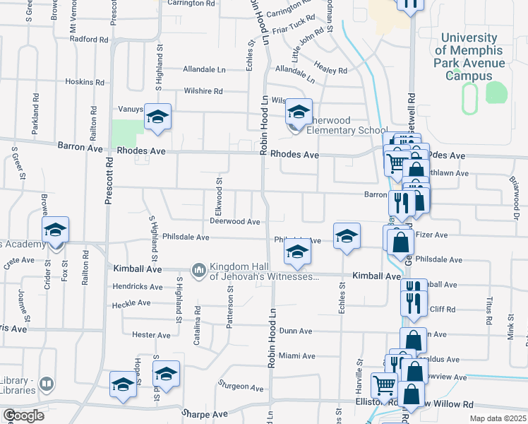 map of restaurants, bars, coffee shops, grocery stores, and more near 3679 South Deerwood Avenue in Memphis