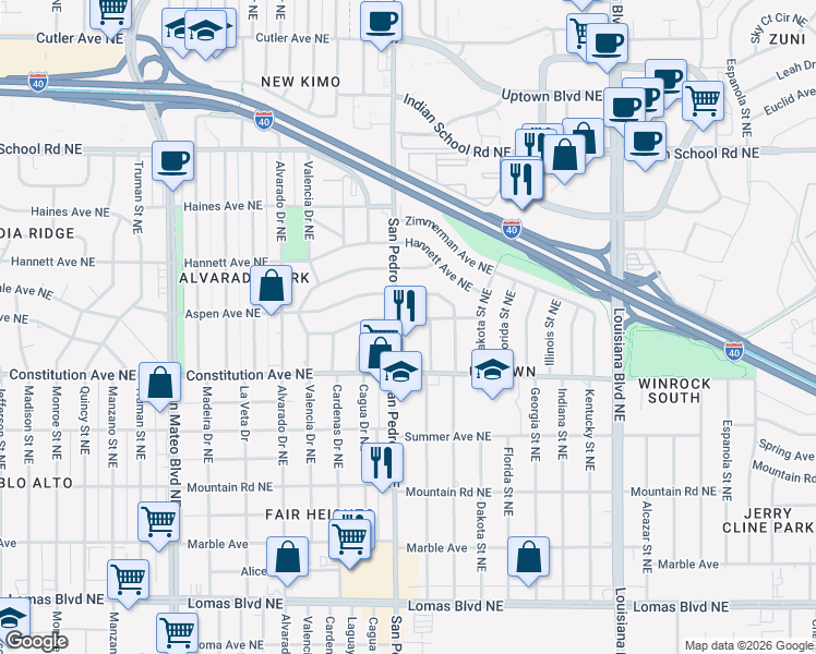 map of restaurants, bars, coffee shops, grocery stores, and more near 1815 Arizona Street Northeast in Albuquerque