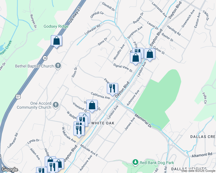 map of restaurants, bars, coffee shops, grocery stores, and more near 112 Peace Street in Chattanooga