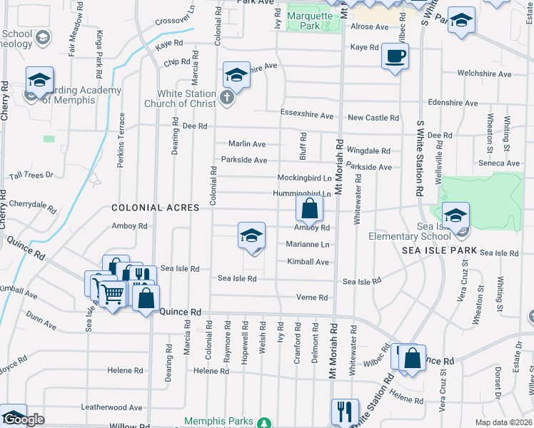 map of restaurants, bars, coffee shops, grocery stores, and more near 4871 Amboy Road in Memphis