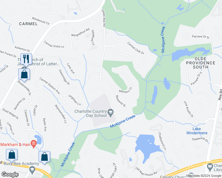 map of restaurants, bars, coffee shops, grocery stores, and more near 5814 Bentway Drive in Charlotte