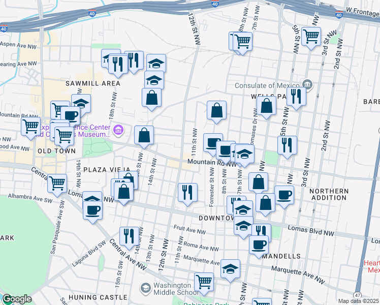 map of restaurants, bars, coffee shops, grocery stores, and more near in Albuquerque