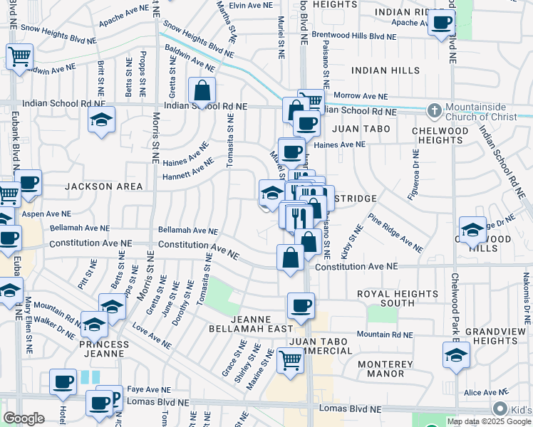 map of restaurants, bars, coffee shops, grocery stores, and more near 11800 Princess Jeanne Avenue Northeast in Albuquerque