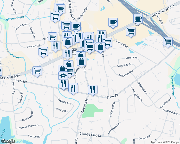 map of restaurants, bars, coffee shops, grocery stores, and more near 1323 Hunters Road in New Bern