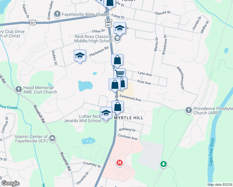 map of restaurants, bars, coffee shops, grocery stores, and more near 2898 U.S. 401 Business in Fayetteville