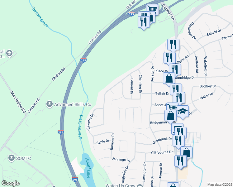 map of restaurants, bars, coffee shops, grocery stores, and more near 282 Decatur Place in Fayetteville