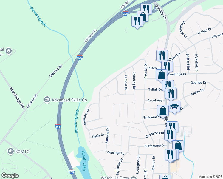 map of restaurants, bars, coffee shops, grocery stores, and more near 282 Decatur Place in Fayetteville