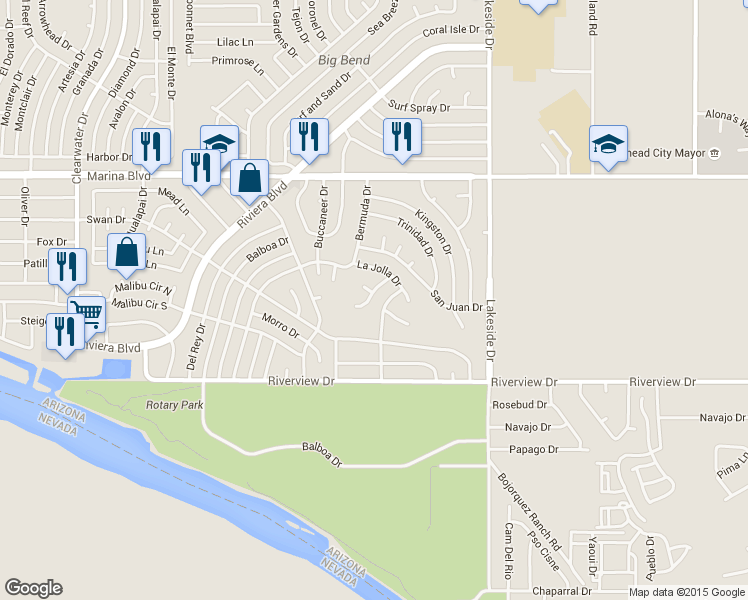 map of restaurants, bars, coffee shops, grocery stores, and more near 2162 Redondo Lane in Bullhead City