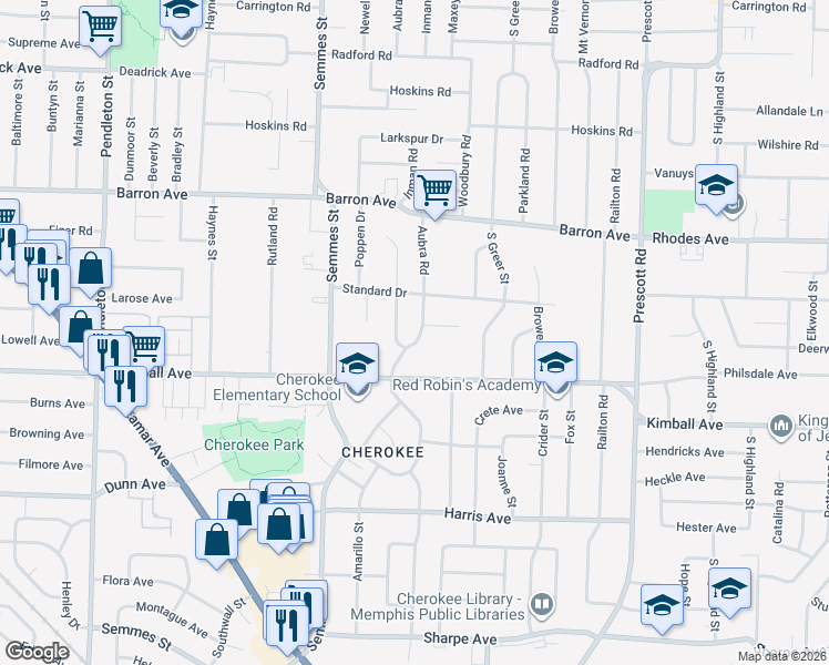 map of restaurants, bars, coffee shops, grocery stores, and more near 1267 Aubra Road in Memphis