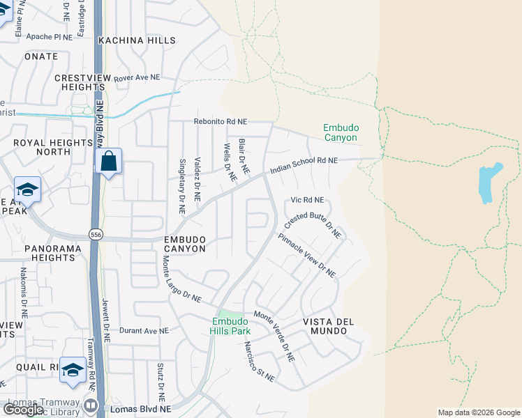 map of restaurants, bars, coffee shops, grocery stores, and more near 13405 Summit Hills Road Northeast in Albuquerque