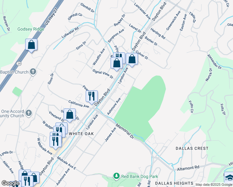map of restaurants, bars, coffee shops, grocery stores, and more near 2410 Lyndon Avenue in Chattanooga