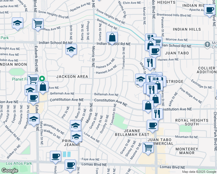 map of restaurants, bars, coffee shops, grocery stores, and more near 1516 June Street Northeast in Albuquerque