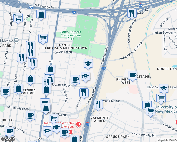 map of restaurants, bars, coffee shops, grocery stores, and more near 800 Odelia Road Northeast in Albuquerque