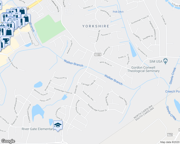 map of restaurants, bars, coffee shops, grocery stores, and more near 14529 Smith Road in Charlotte