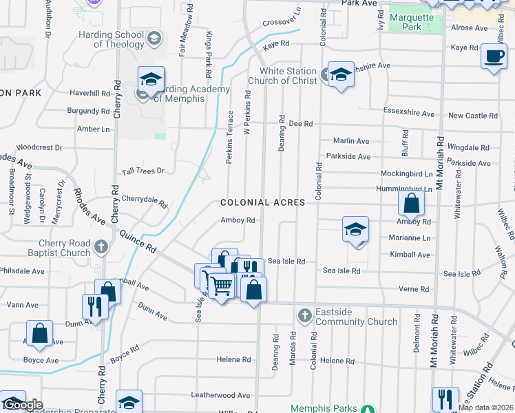 map of restaurants, bars, coffee shops, grocery stores, and more near 1269 South Perkins Road in Memphis