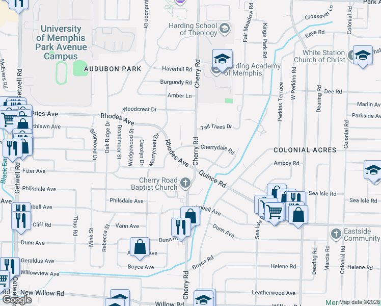 map of restaurants, bars, coffee shops, grocery stores, and more near 1275 Cherry Road in Memphis