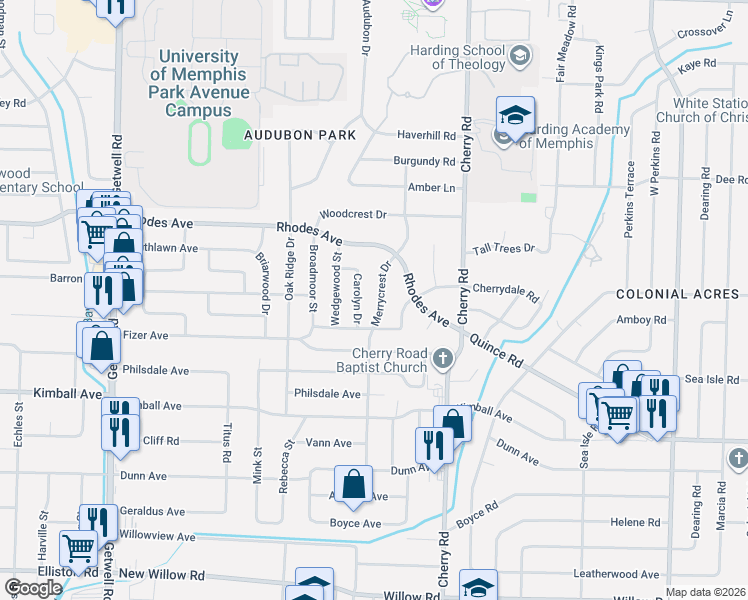 map of restaurants, bars, coffee shops, grocery stores, and more near 1281 Carolyn Drive in Memphis