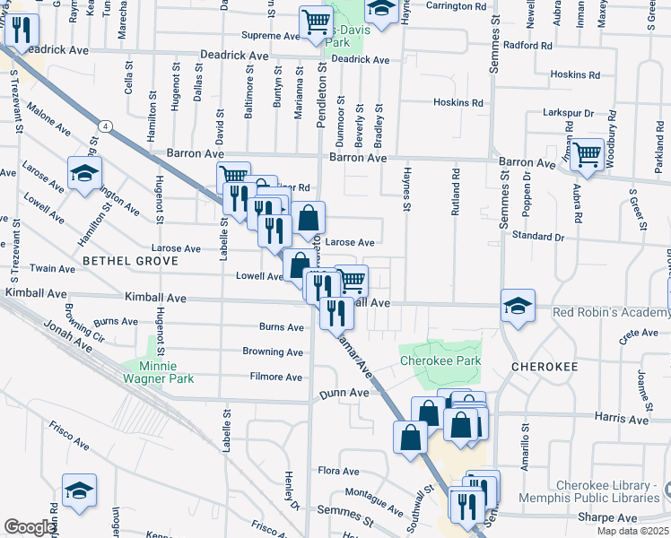 map of restaurants, bars, coffee shops, grocery stores, and more near 2825 Larose Avenue in Memphis