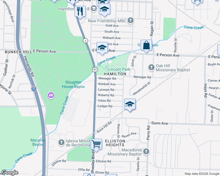 map of restaurants, bars, coffee shops, grocery stores, and more near 1396 Kimball Avenue in Memphis