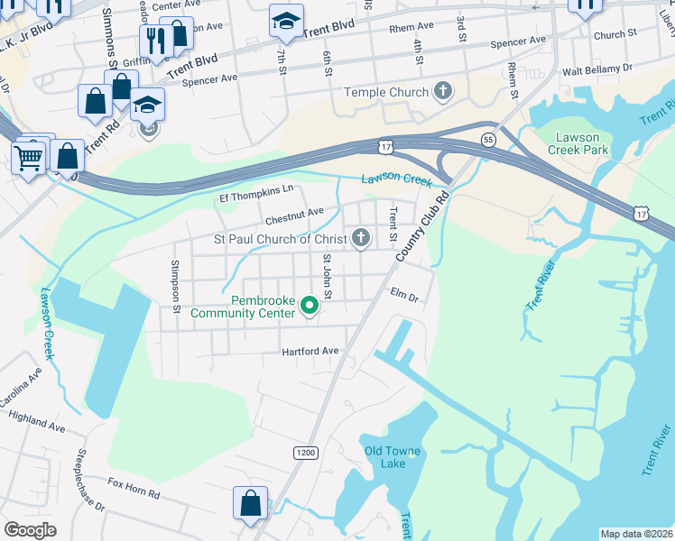 map of restaurants, bars, coffee shops, grocery stores, and more near 1801 McKinley Avenue in New Bern
