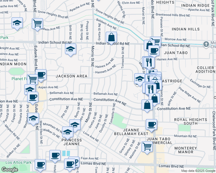 map of restaurants, bars, coffee shops, grocery stores, and more near 1516 June Street Northeast in Albuquerque